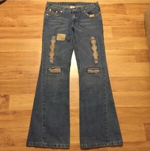 Vintage Y2k True Religion Blue Flare Jeans with Distressed Patchwork